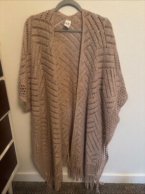 Open Knit Fringe Poncho in Taupe - Women's Layering Shrug